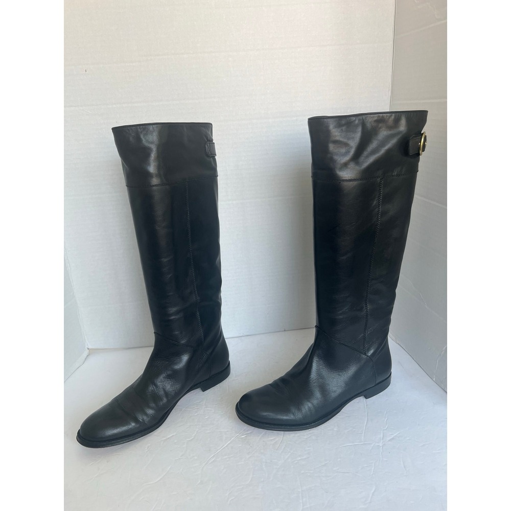 Coach Maely Soft Black Leather Knee High Riding Gold Buckle Accent Boots Sz 8.5 - Picture 2 of 16